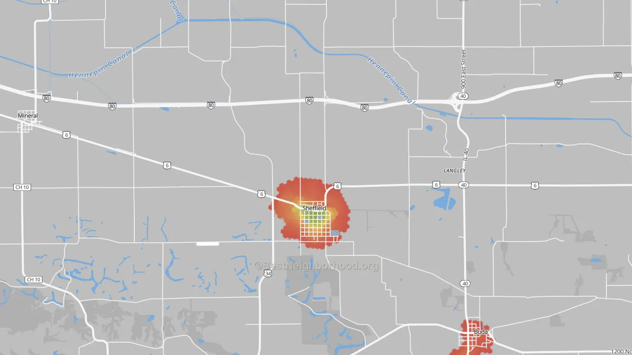 Walk Grade map of Sheffield, IL, walkable areas in green and car-dependent areas in red