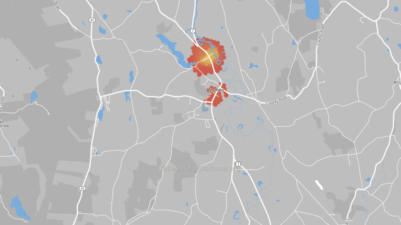 Walk Grade map of Sheffield, MA, walkable areas in green and car-dependent areas in red
