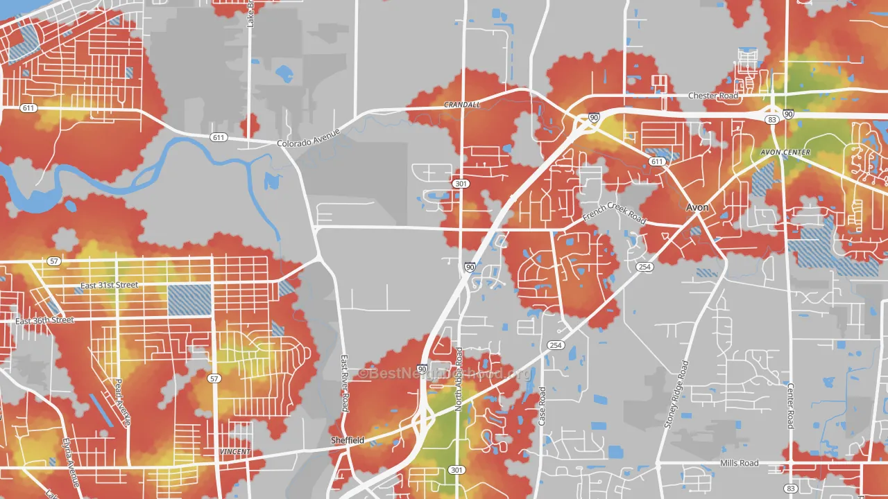 Walk Grade map of Sheffield, OH, walkable areas in green and car-dependent areas in red