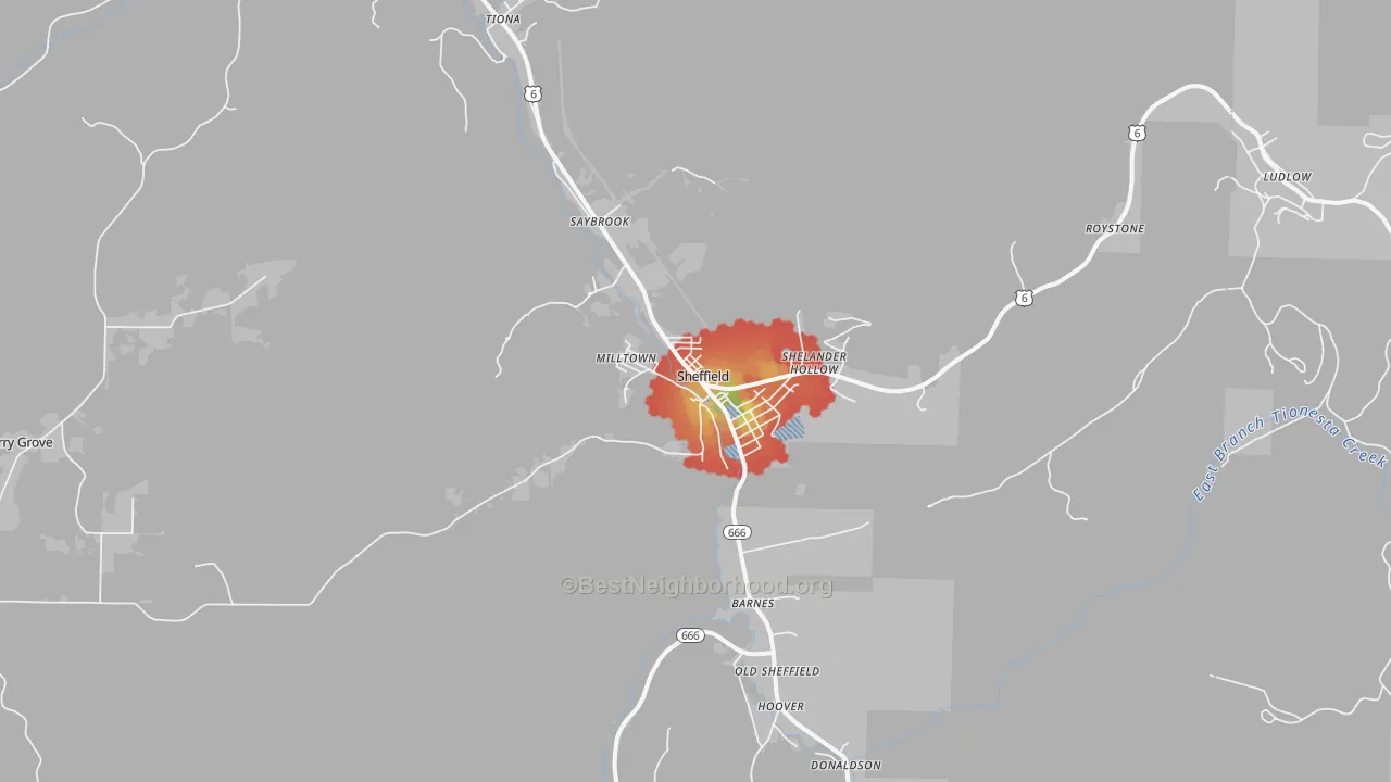 Walk Grade map of Sheffield, PA, walkable areas in green and car-dependent areas in red