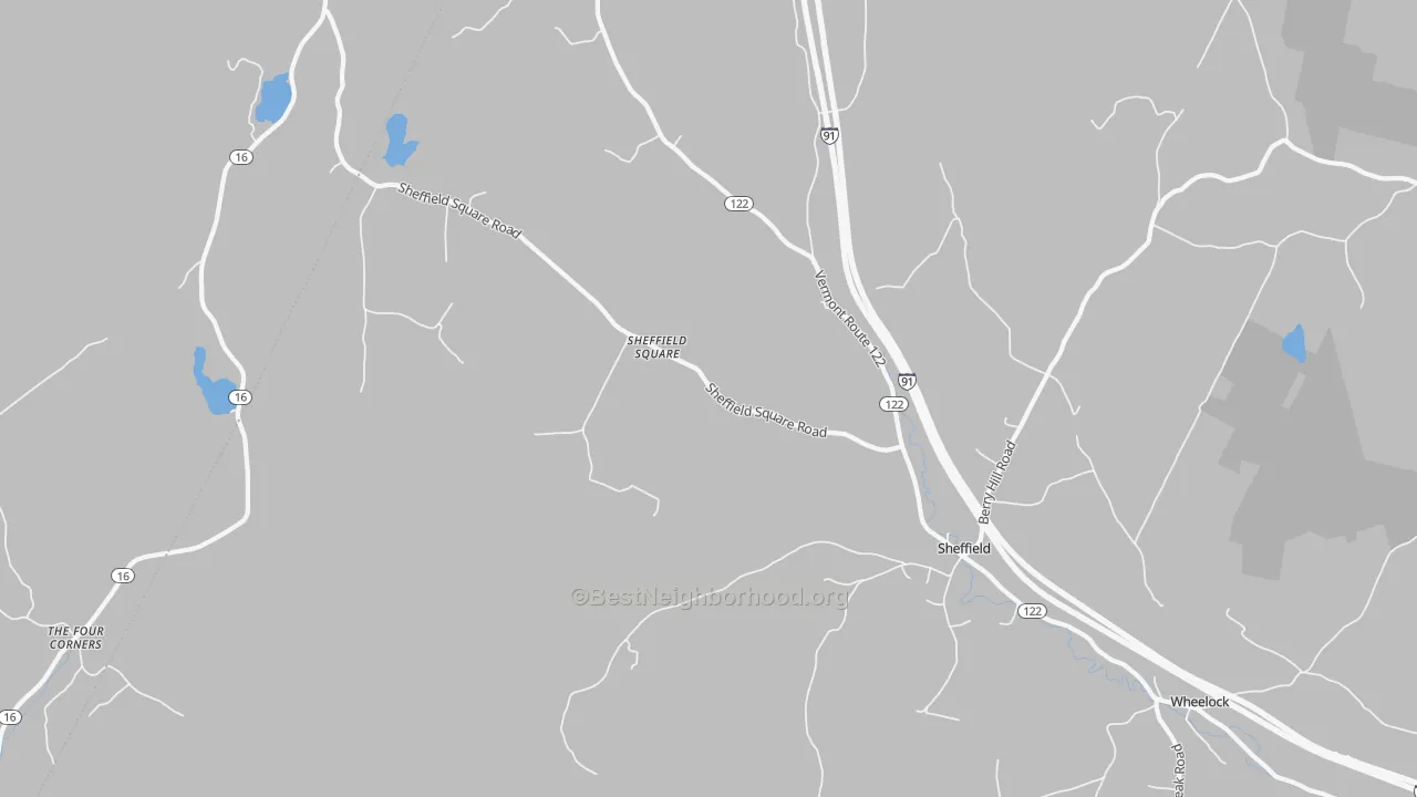 Walk Grade map of Sheffield Square, VT, walkable areas in green and car-dependent areas in red