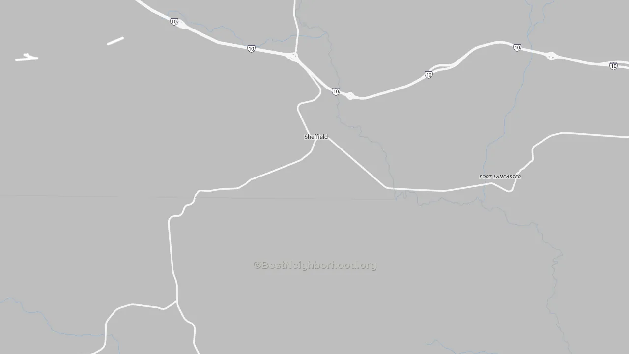 Walk Grade map of Sheffield, TX, walkable areas in green and car-dependent areas in red