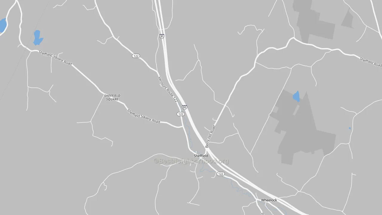 Walk Grade map of Sheffield, VT, walkable areas in green and car-dependent areas in red