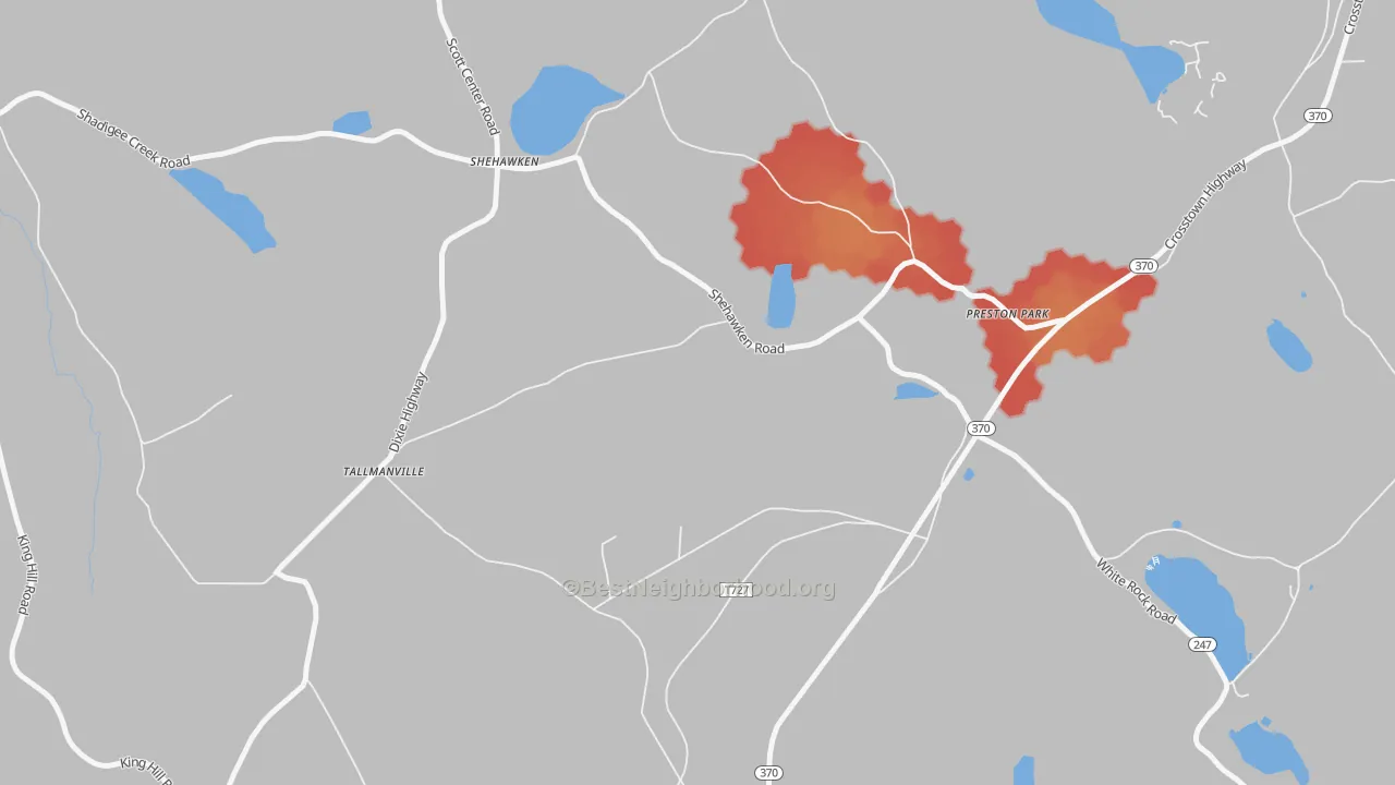 Walk Grade map of Shehawken, PA, walkable areas in green and car-dependent areas in red