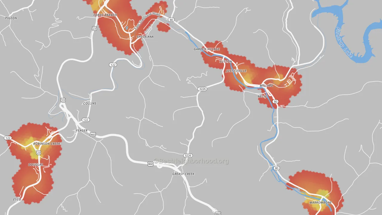 Walk Grade map of Shelbiana, KY, walkable areas in green and car-dependent areas in red