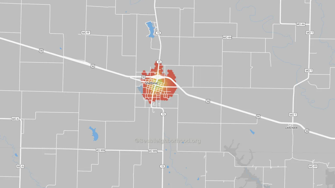 Walk Grade map of Shelbina, MO, walkable areas in green and car-dependent areas in red