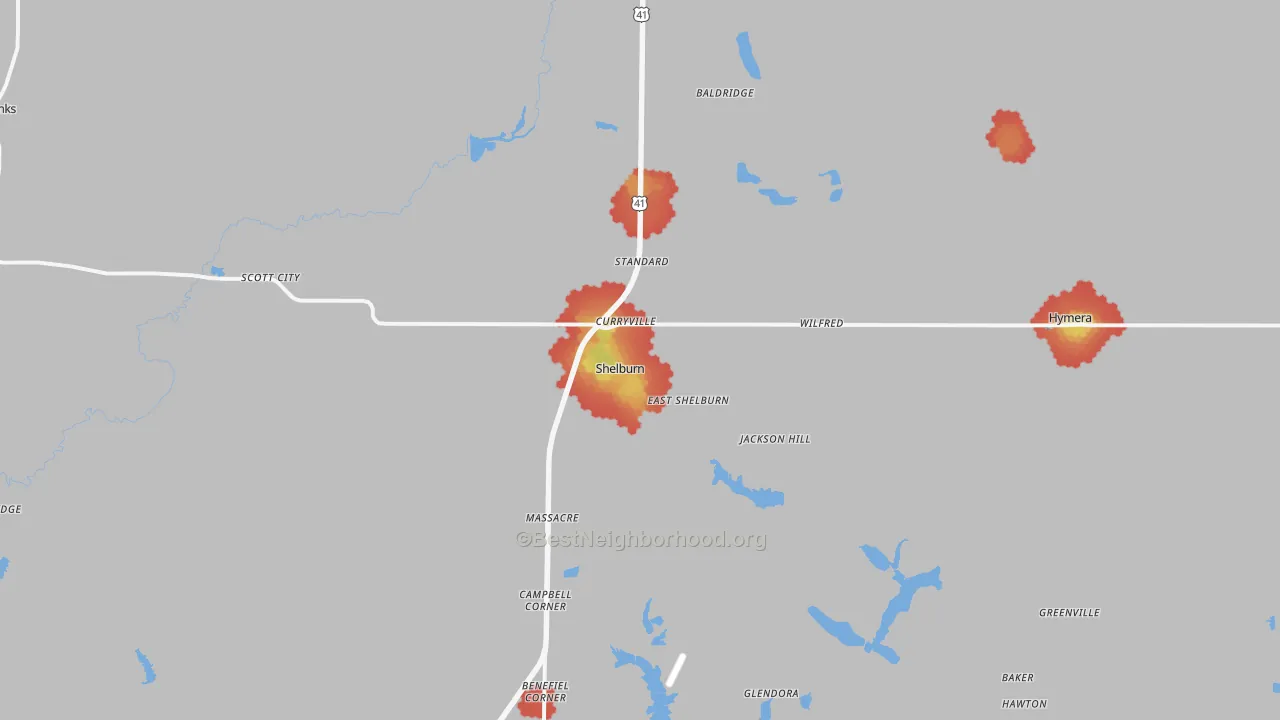 Walk Grade map of Shelburn, IN, walkable areas in green and car-dependent areas in red