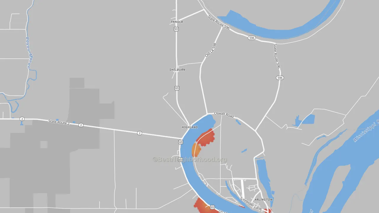 Walk Grade map of Shelburn, LA, walkable areas in green and car-dependent areas in red