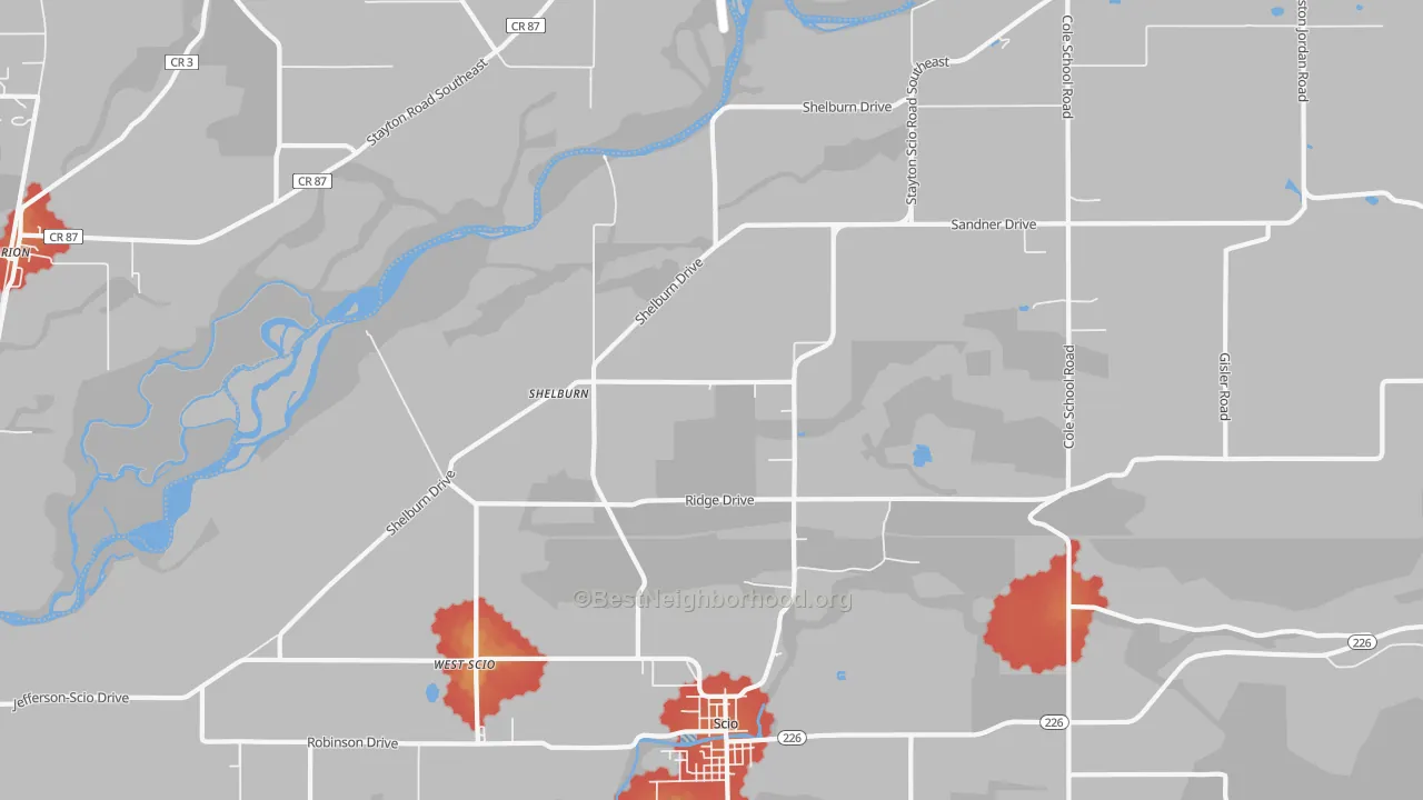 Walk Grade map of Shelburn, OR, walkable areas in green and car-dependent areas in red