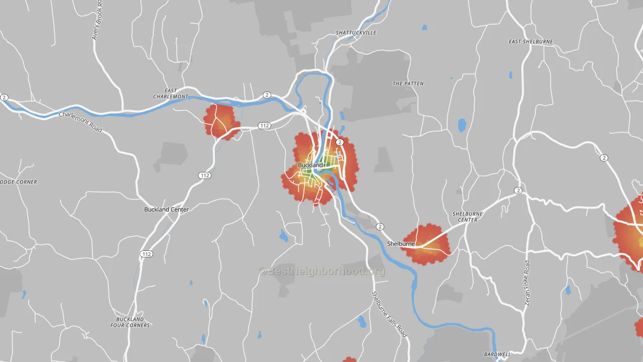 Walk Grade map of Shelburne Falls, MA, walkable areas in green and car-dependent areas in red