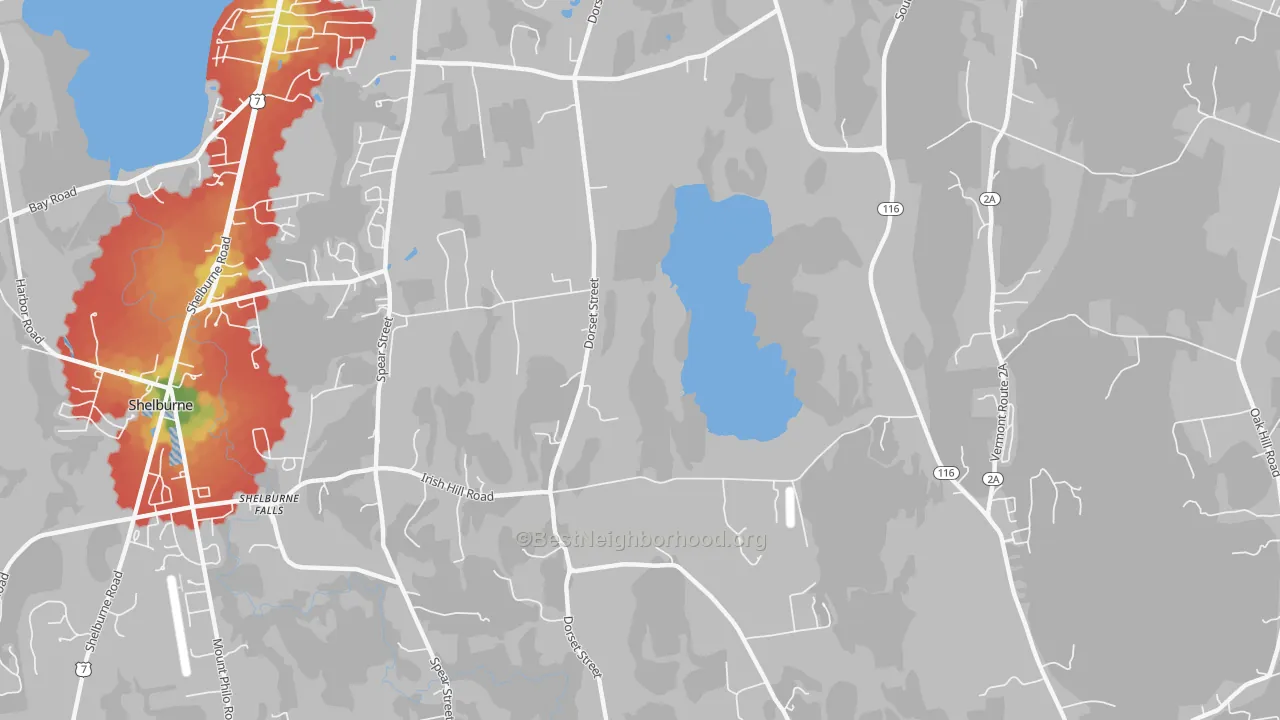 Walk Grade map of Shelburne Falls, VT, walkable areas in green and car-dependent areas in red