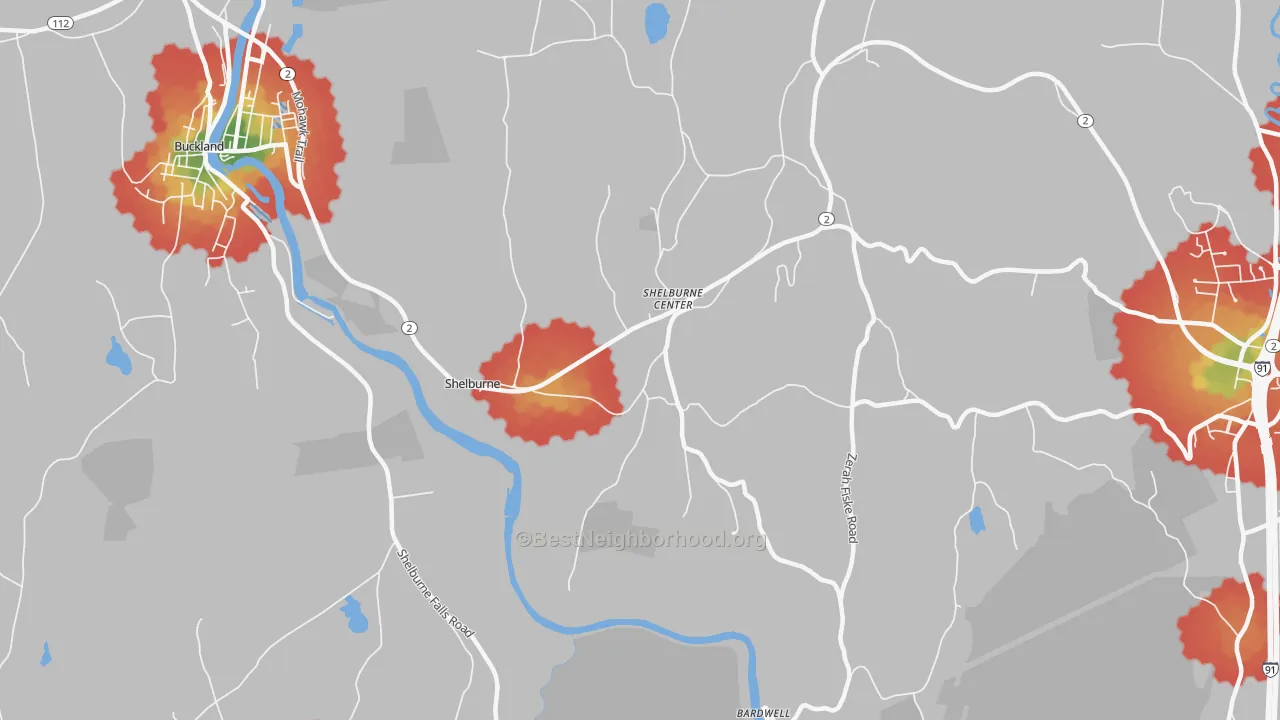 Walk Grade map of Shelburne, MA, walkable areas in green and car-dependent areas in red