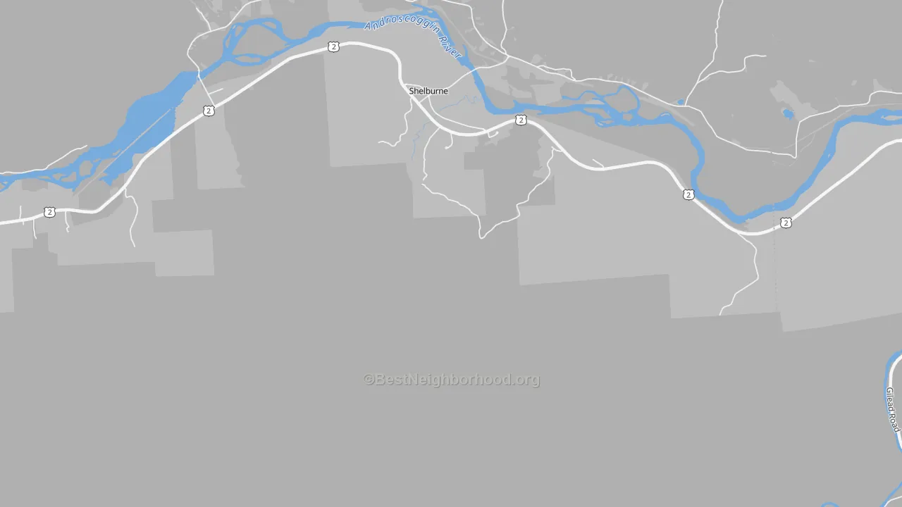 Walk Grade map of Shelburne, NH, walkable areas in green and car-dependent areas in red