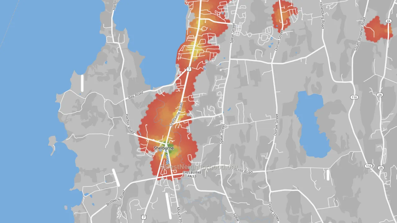 Walk Grade map of Shelburne, VT, walkable areas in green and car-dependent areas in red