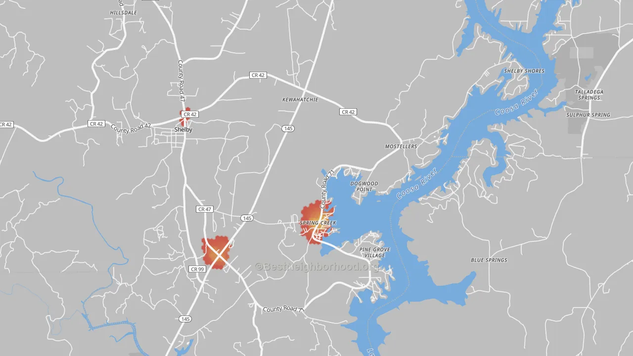 Walk Grade map of Shelby, AL, walkable areas in green and car-dependent areas in red