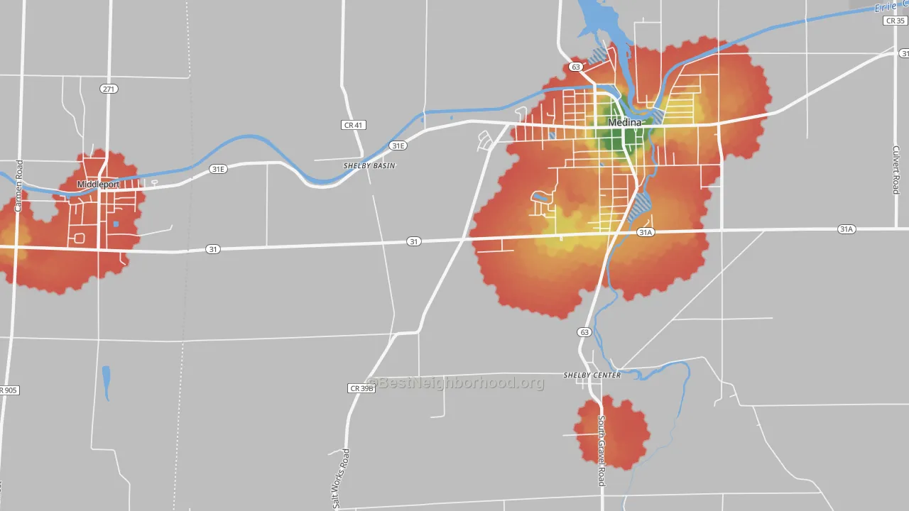 Walk Grade map of Shelby Basin, NY, walkable areas in green and car-dependent areas in red