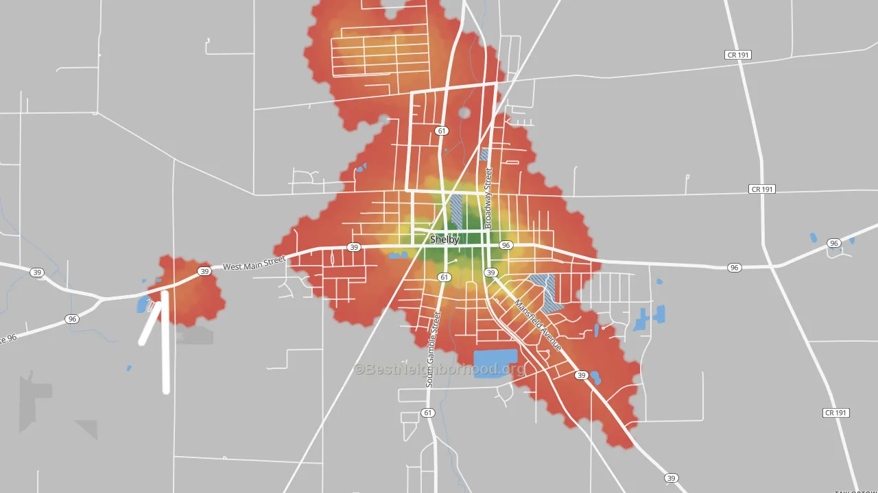 Walk Grade map of Shelby Center Historic District, Shelby, OH, walkable areas in green and car-dependent areas in red