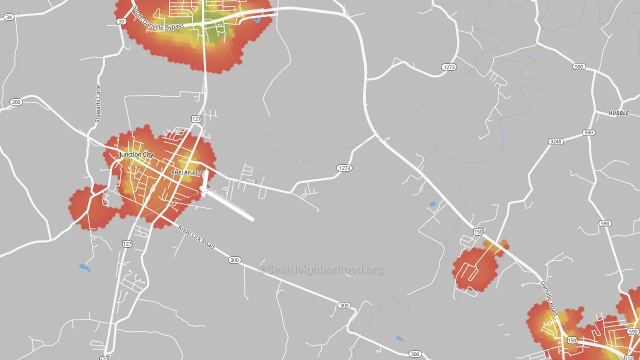 Walk Grade map of Shelby City, KY, walkable areas in green and car-dependent areas in red