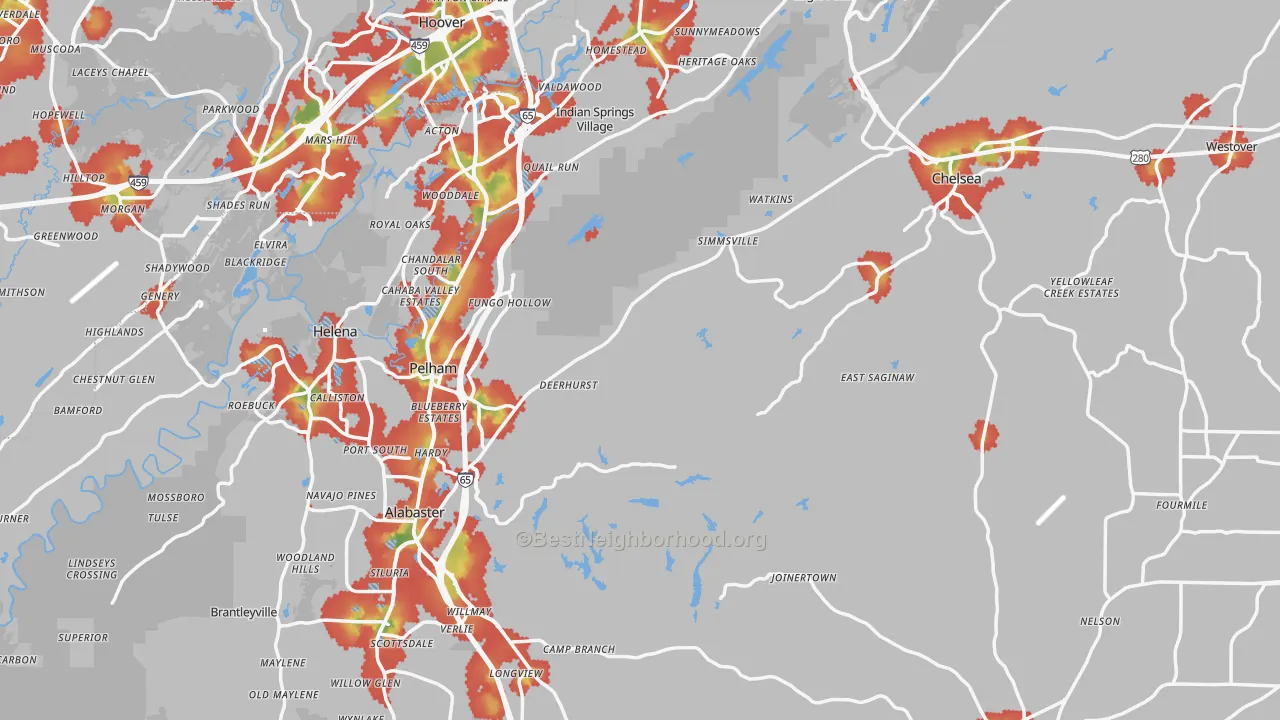 Walk Grade map of Shelby County, AL, walkable areas in green and car-dependent areas in red