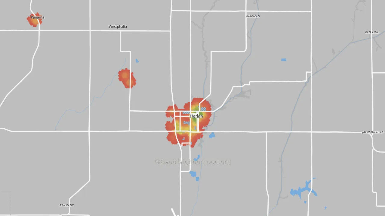 Walk Grade map of Shelby County, IA, walkable areas in green and car-dependent areas in red