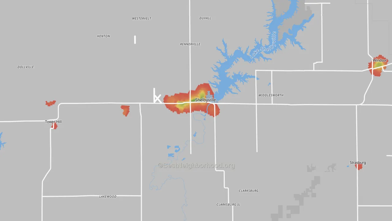 Walk Grade map of Shelby County, IL, walkable areas in green and car-dependent areas in red