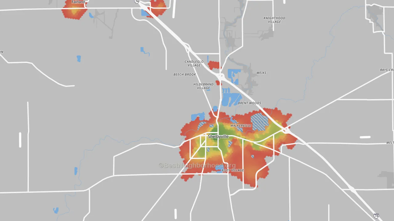 Walk Grade map of Shelby County, IN, walkable areas in green and car-dependent areas in red