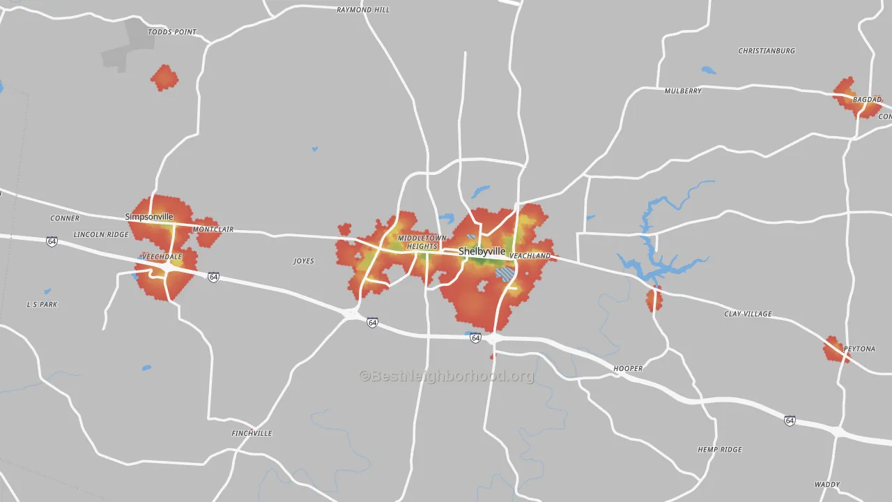 Walk Grade map of Shelby County, KY, walkable areas in green and car-dependent areas in red
