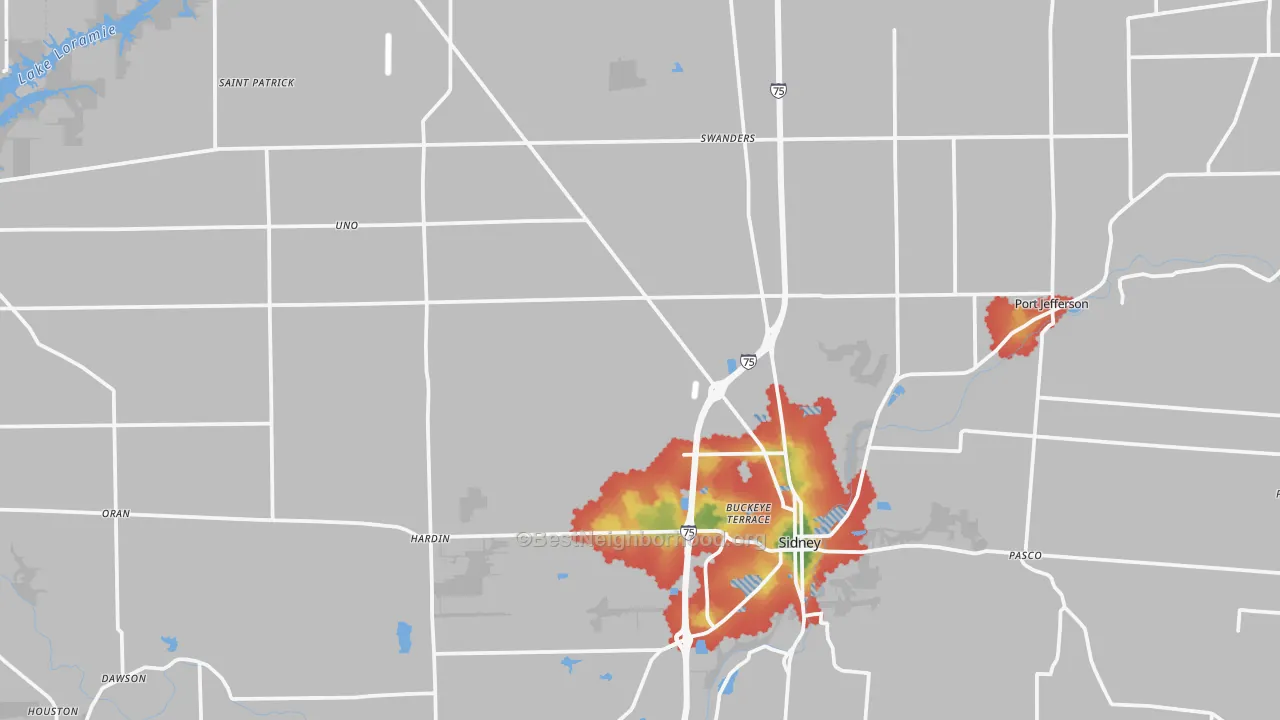 Walk Grade map of Shelby County, OH, walkable areas in green and car-dependent areas in red