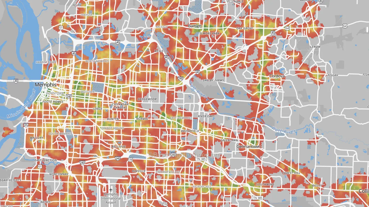 Walk Grade map of Shelby County, TN, walkable areas in green and car-dependent areas in red