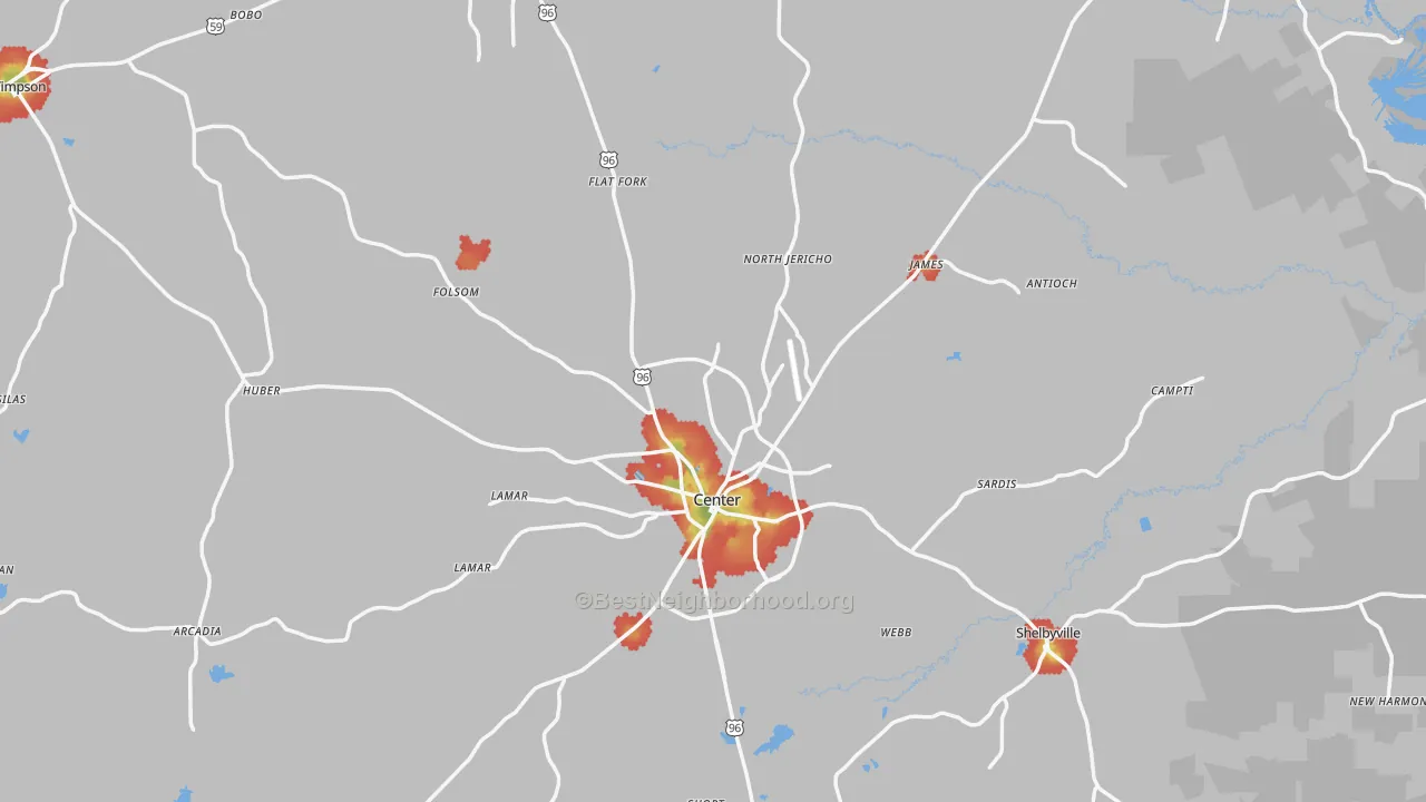 Walk Grade map of Shelby County, TX, walkable areas in green and car-dependent areas in red