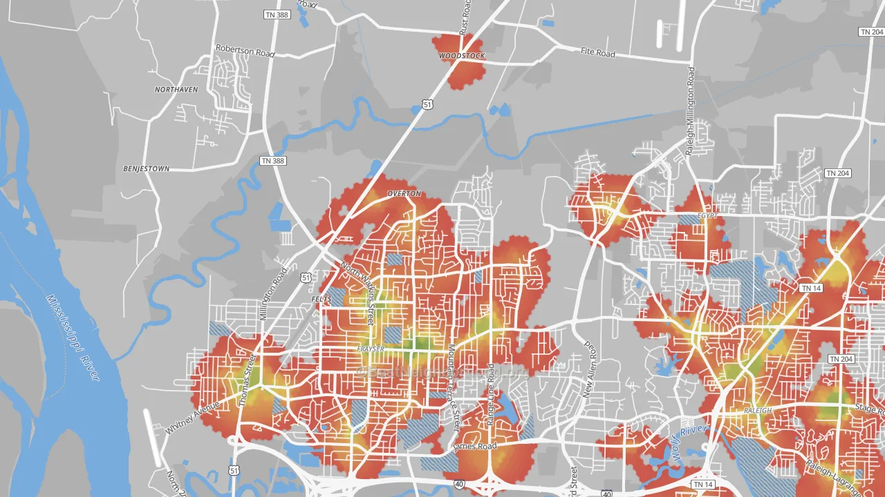 Walk Grade map of Shelby Forest-Frayser, Memphis, TN, walkable areas in green and car-dependent areas in red