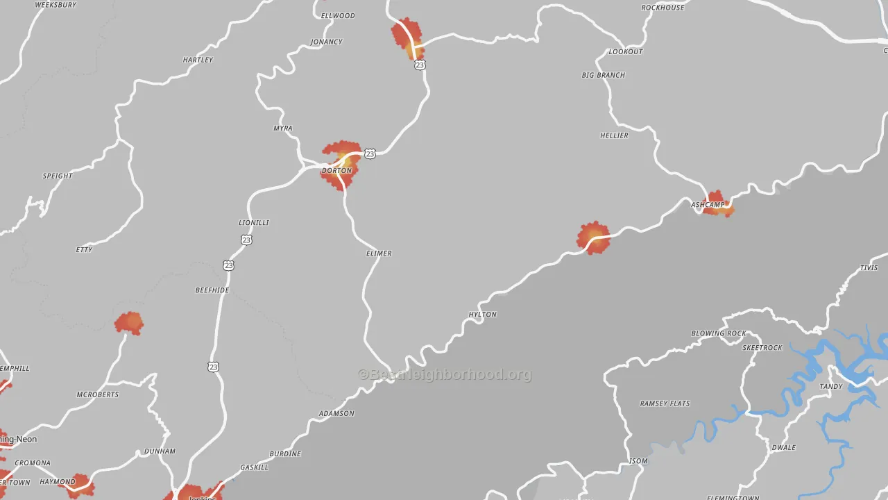 Walk Grade map of Shelby Gap, KY, walkable areas in green and car-dependent areas in red