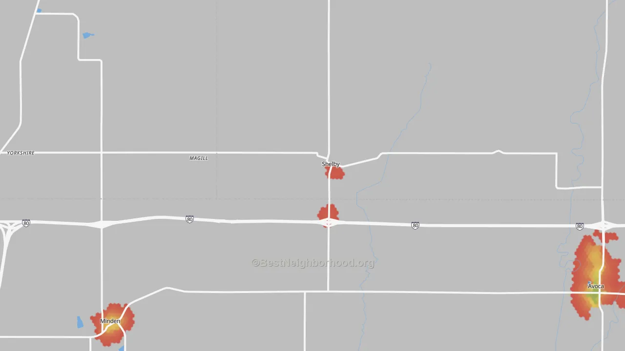 Walk Grade map of Shelby, IA, walkable areas in green and car-dependent areas in red