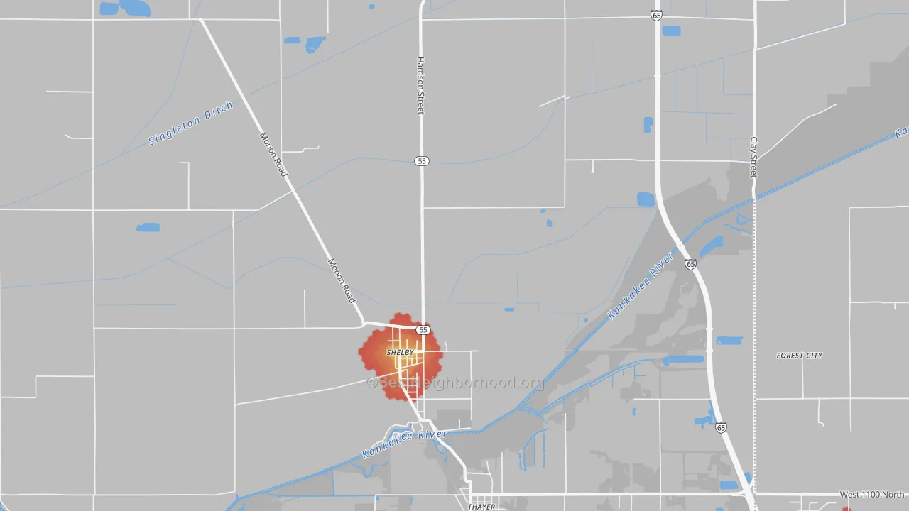 Walk Grade map of Shelby, IN, walkable areas in green and car-dependent areas in red