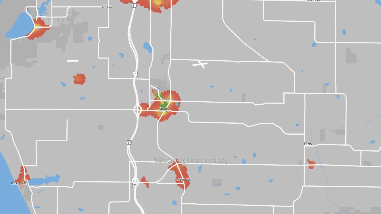 Walk Grade map of Shelby, MI, walkable areas in green and car-dependent areas in red