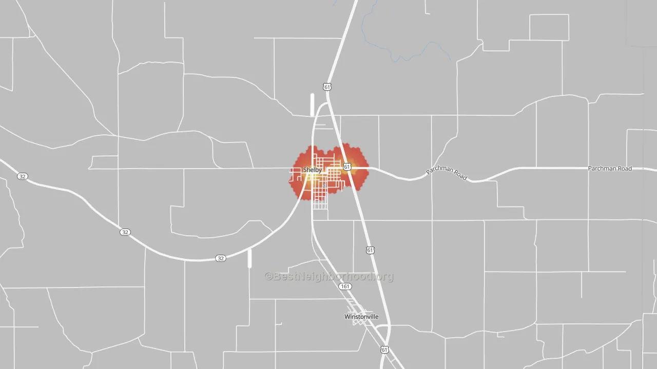 Walk Grade map of Shelby, MS, walkable areas in green and car-dependent areas in red