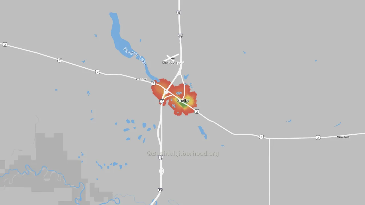 Walk Grade map of Shelby, MT, walkable areas in green and car-dependent areas in red