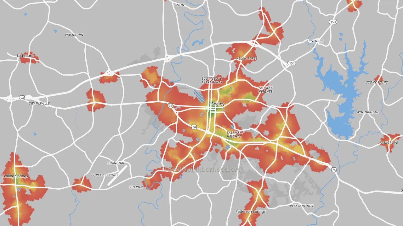 Walk Grade map of Shelby, NC, walkable areas in green and car-dependent areas in red