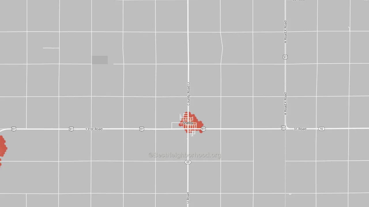 Walk Grade map of Shelby, NE, walkable areas in green and car-dependent areas in red
