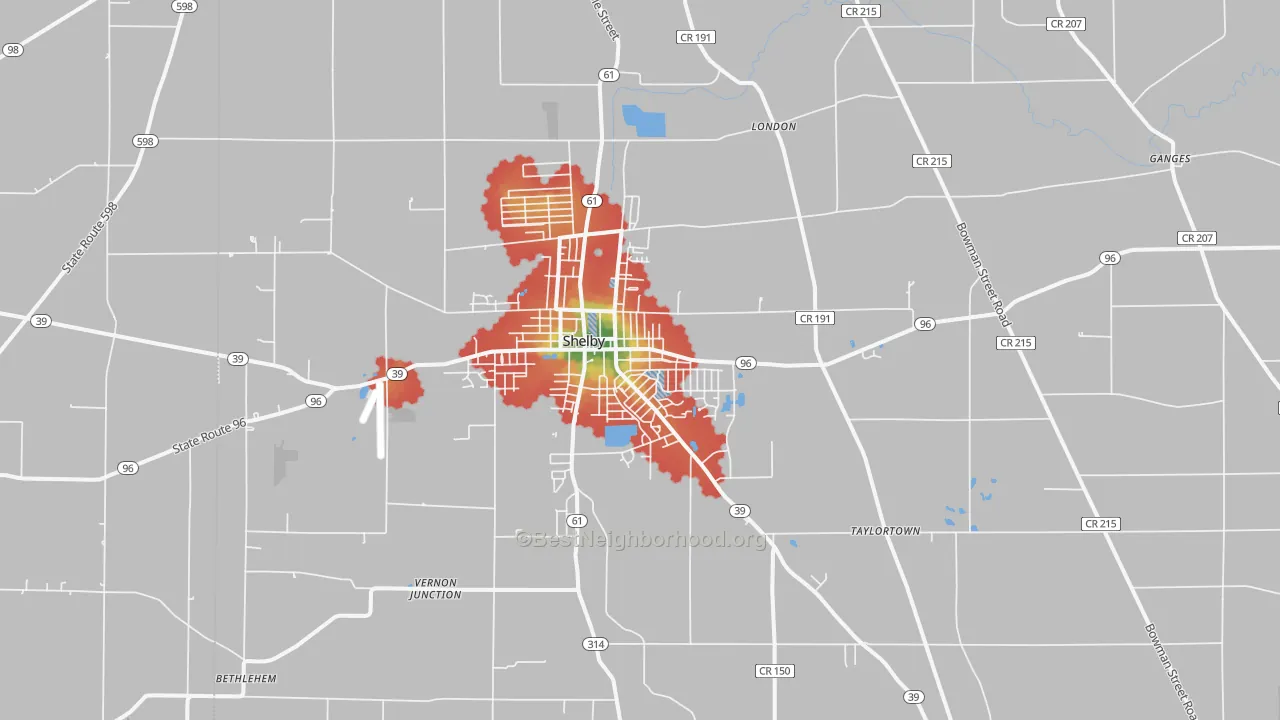 Walk Grade map of Shelby, OH, walkable areas in green and car-dependent areas in red