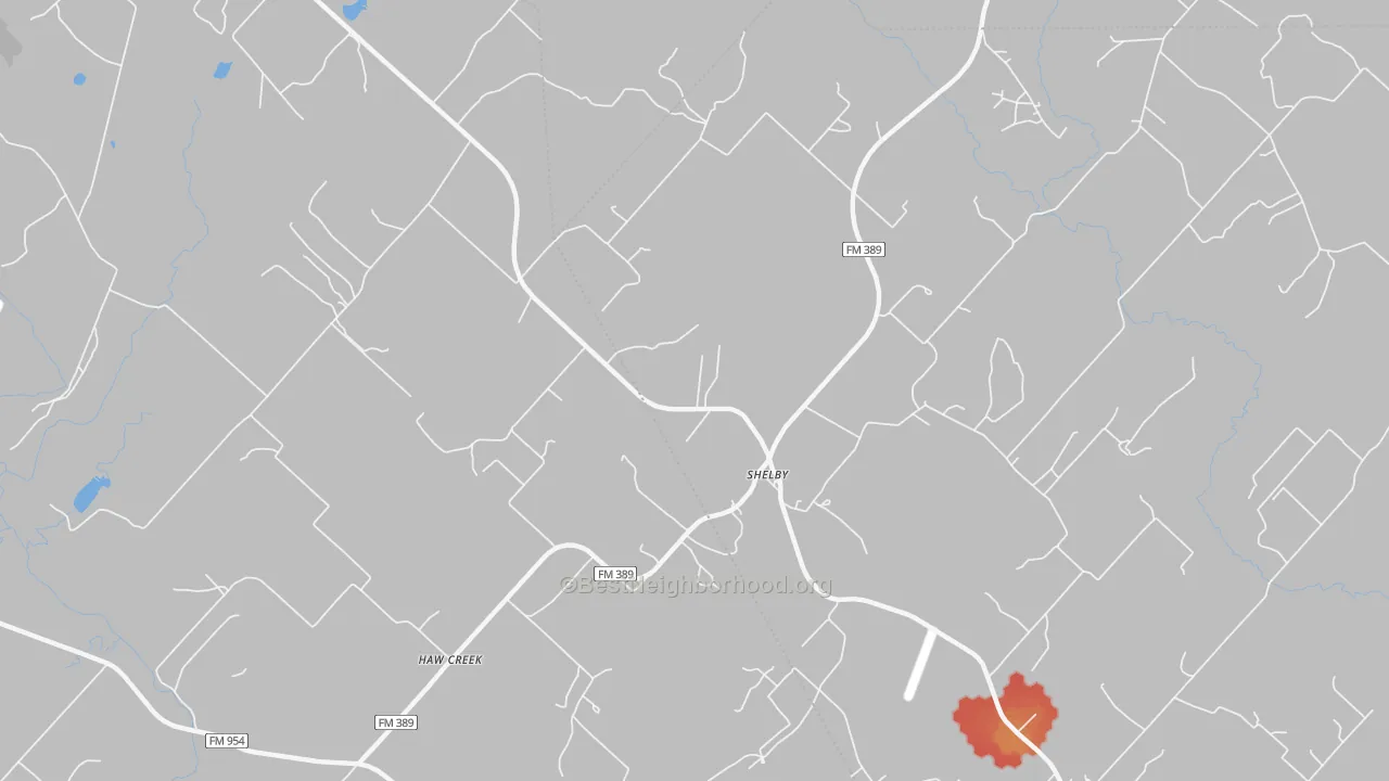 Walk Grade map of Shelby, TX, walkable areas in green and car-dependent areas in red