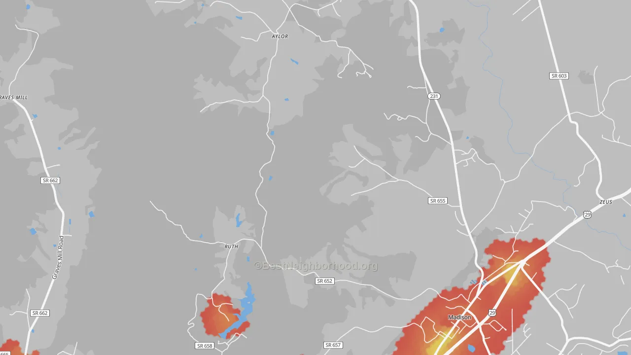 Walk Grade map of Shelby, VA, walkable areas in green and car-dependent areas in red