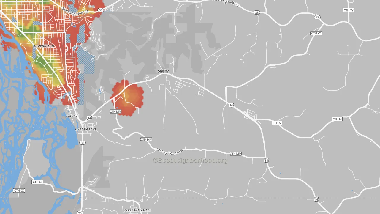 Walk Grade map of Shelby, WI, walkable areas in green and car-dependent areas in red