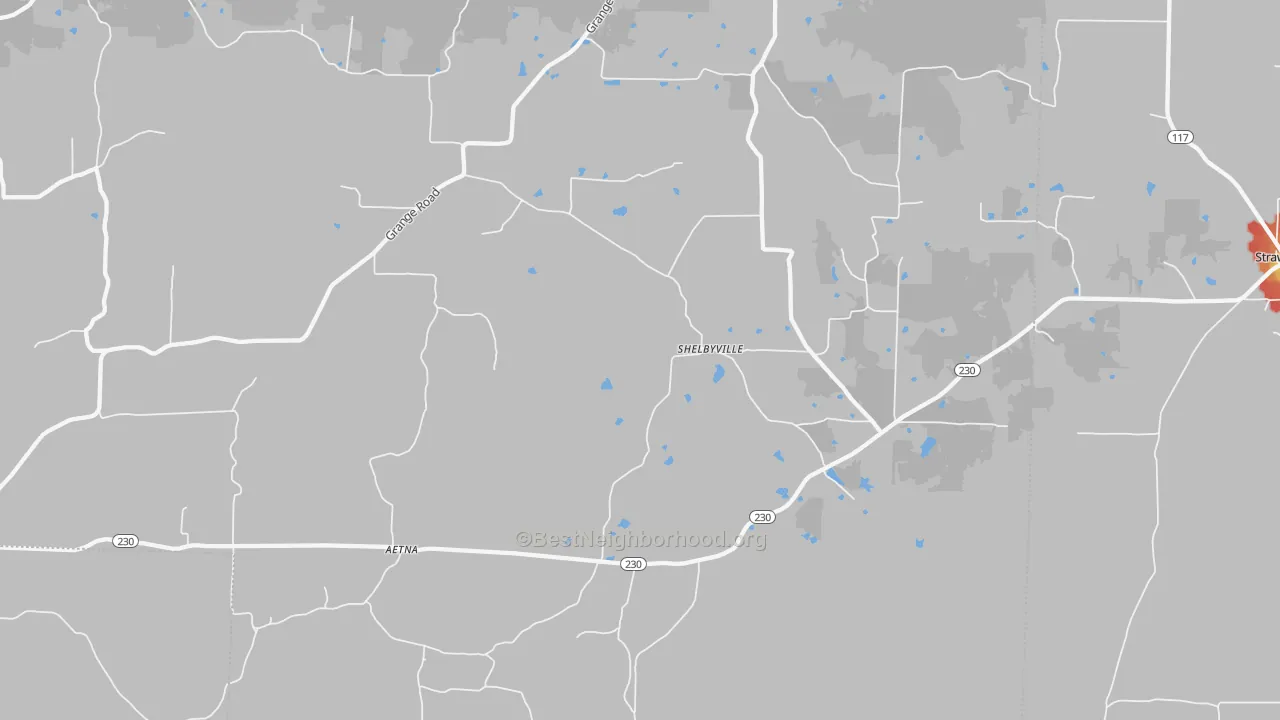 Walk Grade map of Shelbyville, AR, walkable areas in green and car-dependent areas in red