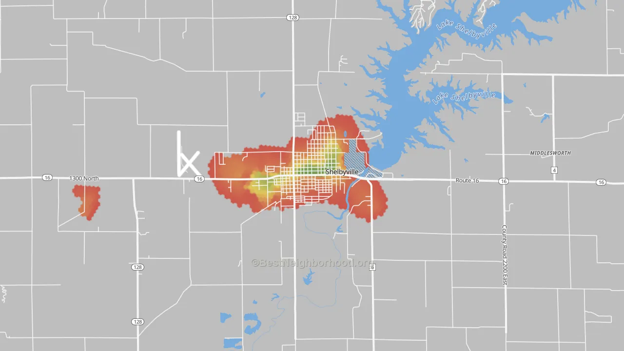Walk Grade map of Shelbyville, IL, walkable areas in green and car-dependent areas in red