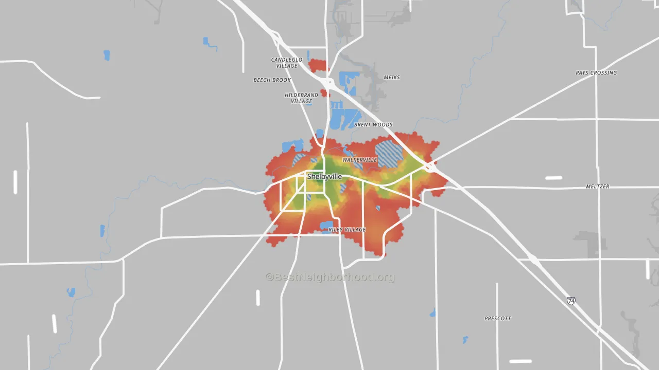 Walk Grade map of Shelbyville, IN, walkable areas in green and car-dependent areas in red