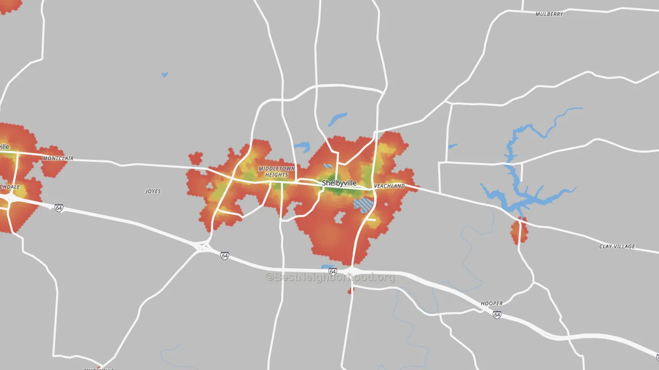 Walk Grade map of Shelbyville, KY, walkable areas in green and car-dependent areas in red