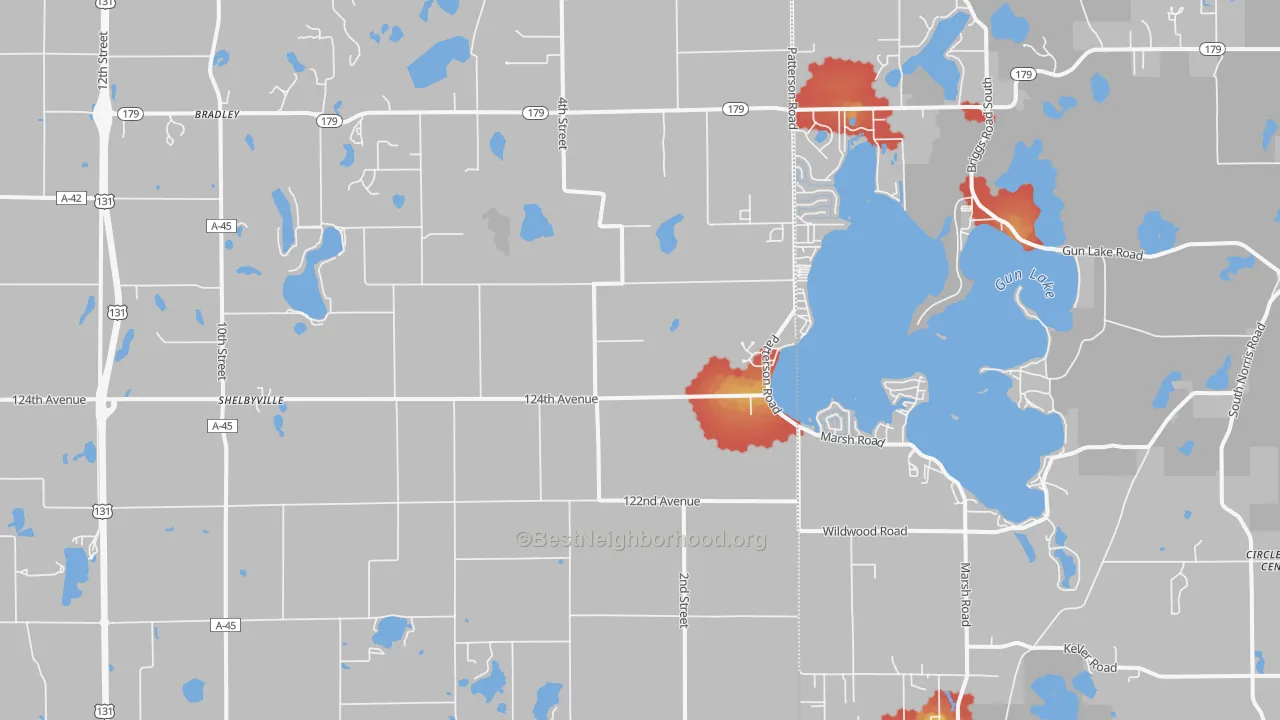 Walk Grade map of Shelbyville, MI, walkable areas in green and car-dependent areas in red