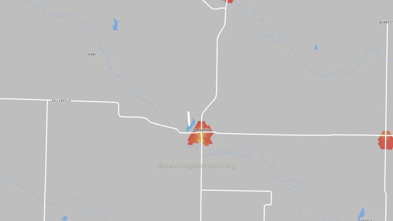 Walk Grade map of Shelbyville, MO, walkable areas in green and car-dependent areas in red