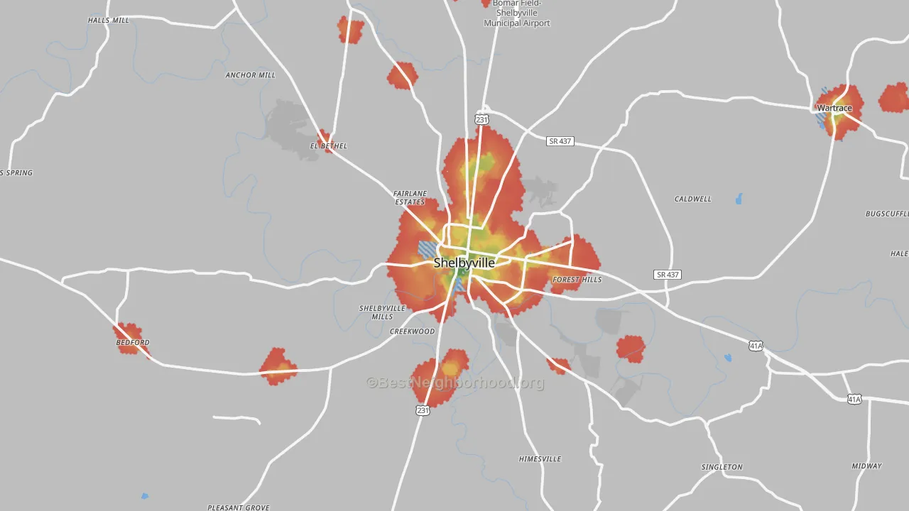 Walk Grade map of Shelbyville, TN, walkable areas in green and car-dependent areas in red